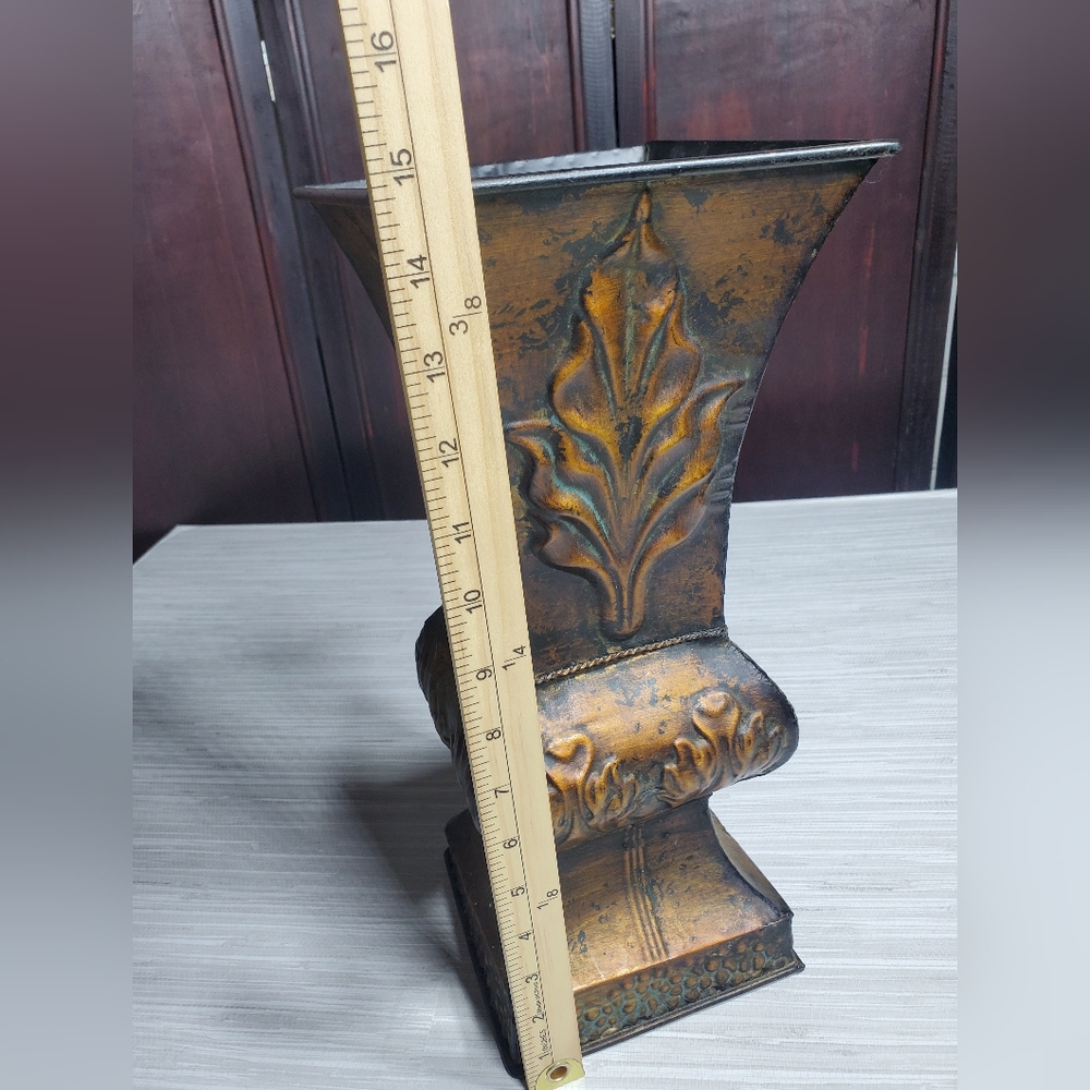 Large Ornate Tuscan Style Metal Flower Vase 15" x 6.5" - Picture 7 of 10
